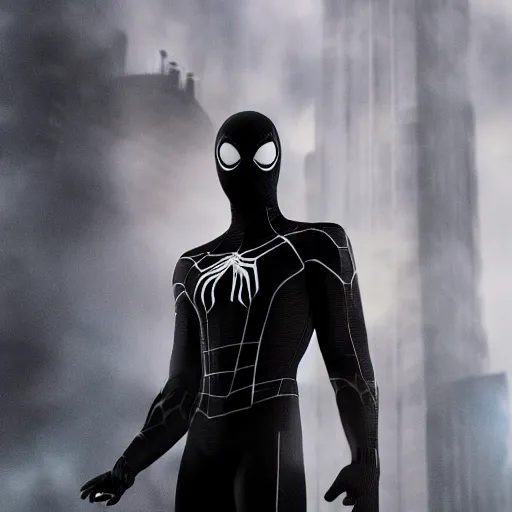 Image similar to black spider - man suit with white web lining, cinematic, volumetric lighting, realistic, hyperdetailed, photorealistic, photograph