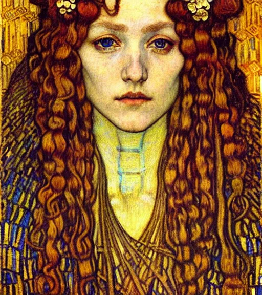 Image similar to detailed realistic beautiful young medieval queen face portrait by jean delville, gustav klimt and vincent van gogh, art nouveau, symbolist, visionary, gothic, pre - raphaelite, muted earthy colors, desaturated