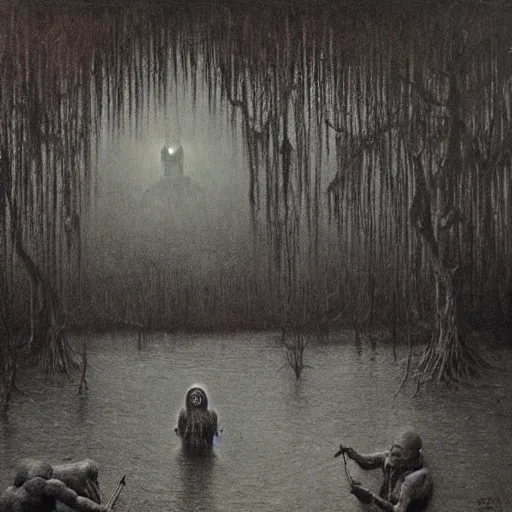 Image similar to occult members gather in a louisiana bayou swamp, highly detailed horror beksinski painting