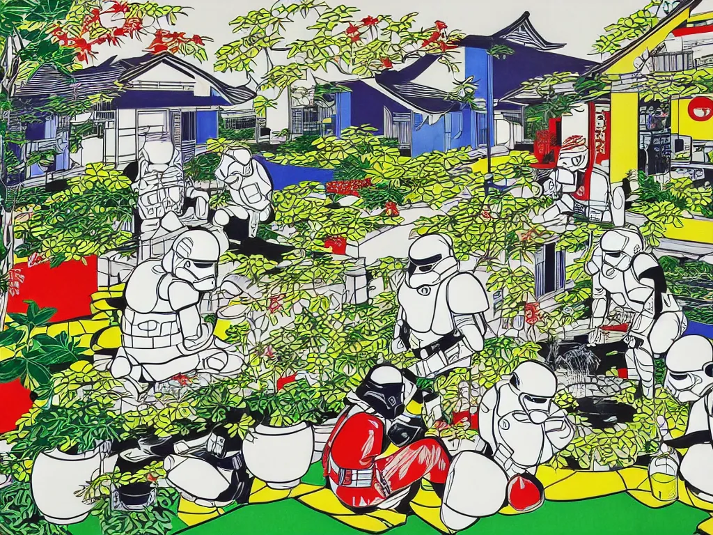 Image similar to detailed composition of the japanese home with a garden and a pond, 2 stormtroopers sitting around it, pop - art style, jacky tsai style, andy warhol style, roy lichtenstein style, rich palette, acrylic on canvas