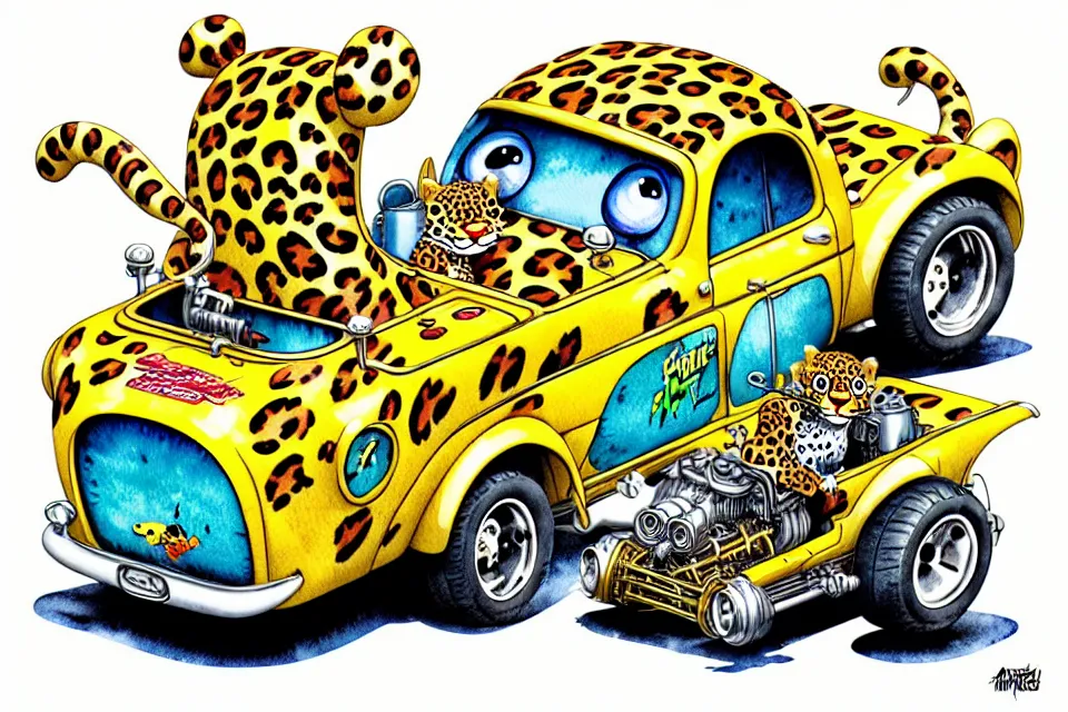 Image similar to cute and funny, leopard riding in a tiny hot rod with oversized engine, ratfink style by ed roth, centered award winning watercolor pen illustration, isometric illustration by chihiro iwasaki, edited by range murata, tiny details by artgerm and watercolor girl, symmetrically isometrically centered