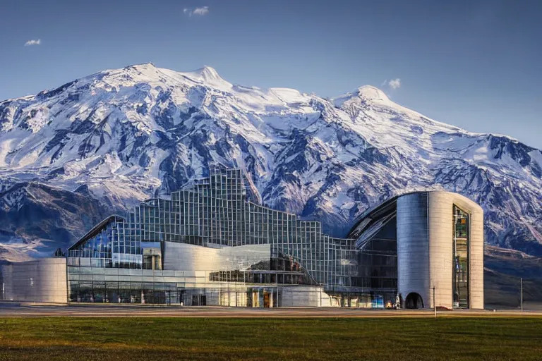 Image similar to architecture photo modern fachwerk giant opera building settlement with Elbrus mountain on the background, architecture, photorealism 8k , shining and happy atmosphere, uplight, high details