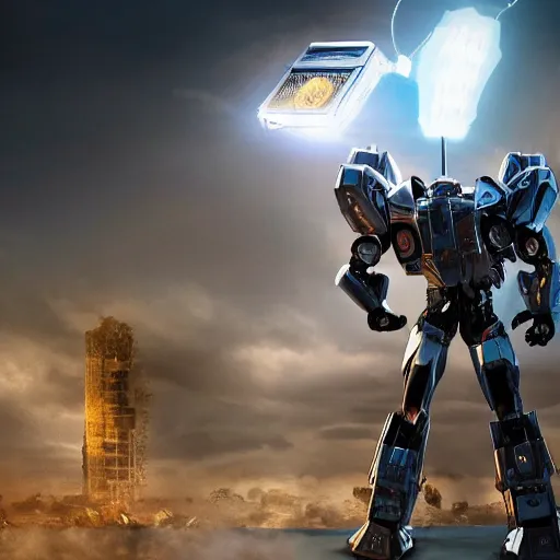 Image similar to a washingmashine but as a robot like in a transformers movie, cinematic lighting, wide angle, hero shot, hero view, realisitc, city, michael bay movie