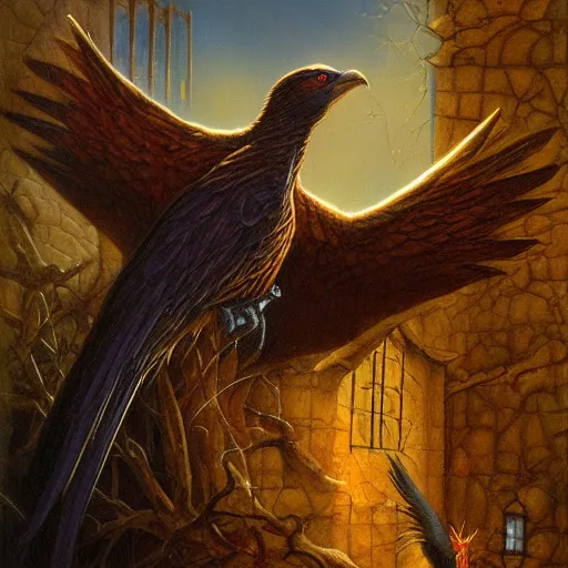 Prompt: A giant bird hiding in the shadows, waiting to strike, dark, threatening, gloomy, doom, frightful, by Ralph Horsley