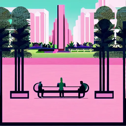 Image similar to art deco vaporwave illustration of a park with trees, benches, and a few people playing a tile game, with a futuristic pink pastel city in the background