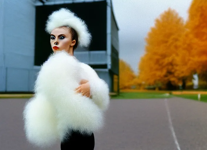 Prompt: realistic photo of the woman gymnast sports team white cotton fluffy bird white carnival costumes shorts, fluffy pigeon head face portrait, wood in autumn, grey dusk sky with black clouds 1 9 9 0, life magazine reportage photo,