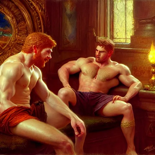 Image similar to attractive muscular mike with ginger hair with attractive tyler with brunet hair, drinking their hearts out, in their noble mansion. image defined to the maximum and highly detailed painting by gaston bussiere, craig mullins 8 k