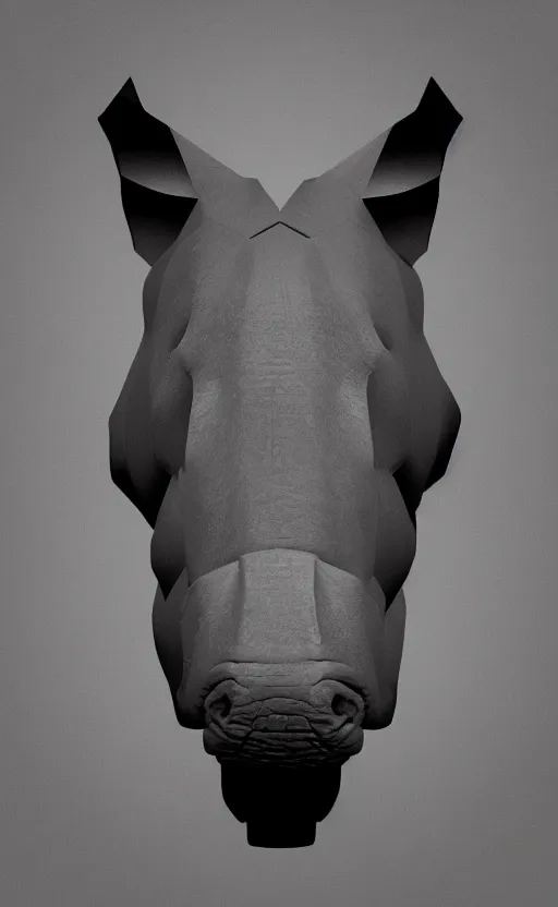 Image similar to rhino head made of black cast iron on a black background. gothic baroque. low poly. symmetry. epic. ominous shapes. hyper detailed.