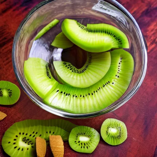 Image similar to close up of large clear bowl full of water with kiwifruit slices floating in it. 4K award winning photorealistic concept art. smooth, sharp focus, illustration, art by artgerm and moebius and alphonse mucha 3/4 view. infomercial. promotional. clear photography. 8k.