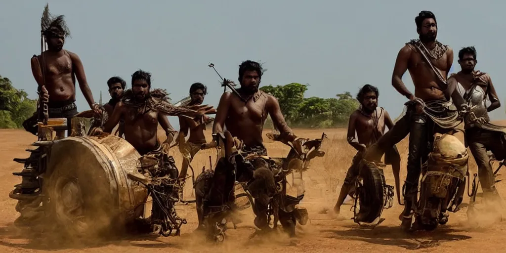 Prompt: sri lankan mad max style, playing bongo drum, film still, epic shot cinematography, rule of thirds