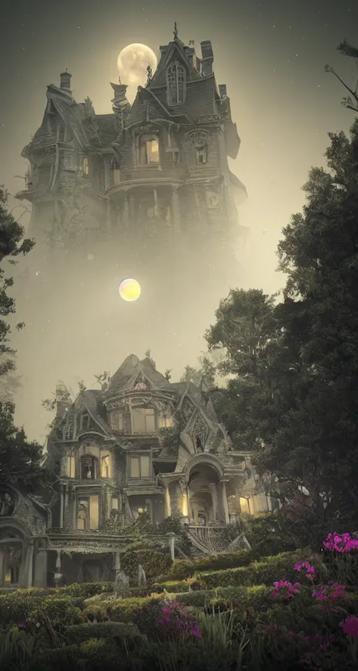 Image similar to A haunted Mansion on the edge of a cliff at night during the Lunar Eclipse, evil, demonic, enchanting, misty, haze, clouds, angelic, flowers, nature, symmetry, environment concept, cinematic, Rendered in Octane, trending on artstation, cgsociety, moody lighting rendered by octane engine, environment 8K artstation, cinematic lighting, intricate details, 8k detail post processing, hyperealistic, octane render, photo realism, visually inspired by Stephen King