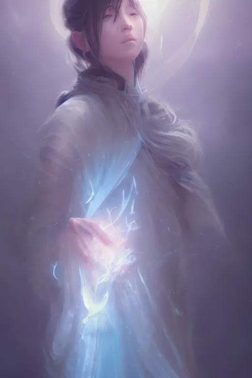 Image similar to a fancy portrait of a beautiful light mage enveloped in a light blue aura by Greg Rutkowski, Sung Choi, Mitchell Mohrhauser, Maciej Kuciara, Johnson Ting, Maxim Verehin, Peter Konig, final fantasy , mythical, 8k photorealistic, cinematic lighting, HD, high details, atmospheric,