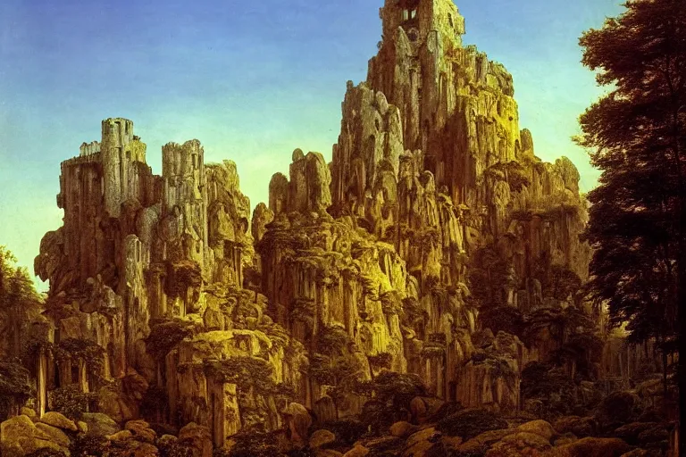 Prompt: stone fortress in the forest | exotic landscape | dwarven architecture | volumetric lighting | blue skies | golden hour | hyperdetailed | Caspar David Friedrich |