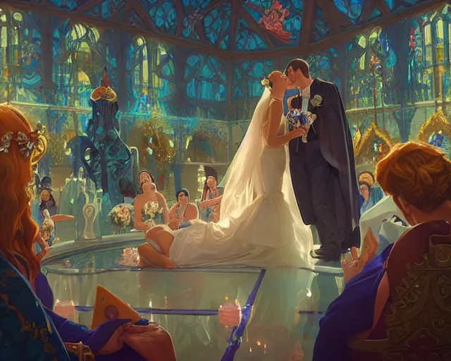 Prompt: a wedding in a swimming pool, photography of kurzgesagt, deep focus, d & d, fantasy, intricate, elegant, highly detailed, digital painting, artstation, concept art, matte, sharp focus, illustration, hearthstone, art by artgerm and greg rutkowski and alphonse mucha