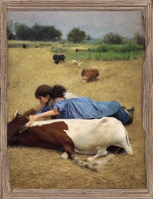 Image similar to peasant girl laying on a cow on a farm, cottage core, polaroid photo bleached vintage pastel colors high - key lighting, soft lights, foggy, by steve hanks, by lisa yuskavage, by serov valentin, by tarkovsky, 8 k render, detailed, oil on canvas