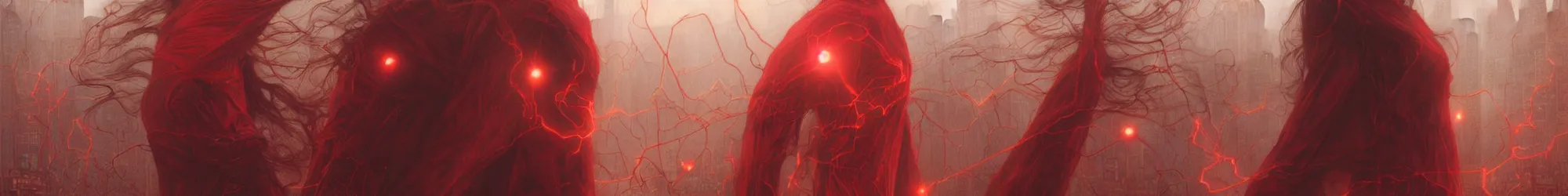 Image similar to Portrait Masterpiece, Wanda Maximoff, furious, red, glowing, wires everywhere, by Edgar Maxence and Ross Tran, Zdzisław Beksiński, and Michael Whelan, distant, gustav dore, H.R. Giger, 8k, octane render