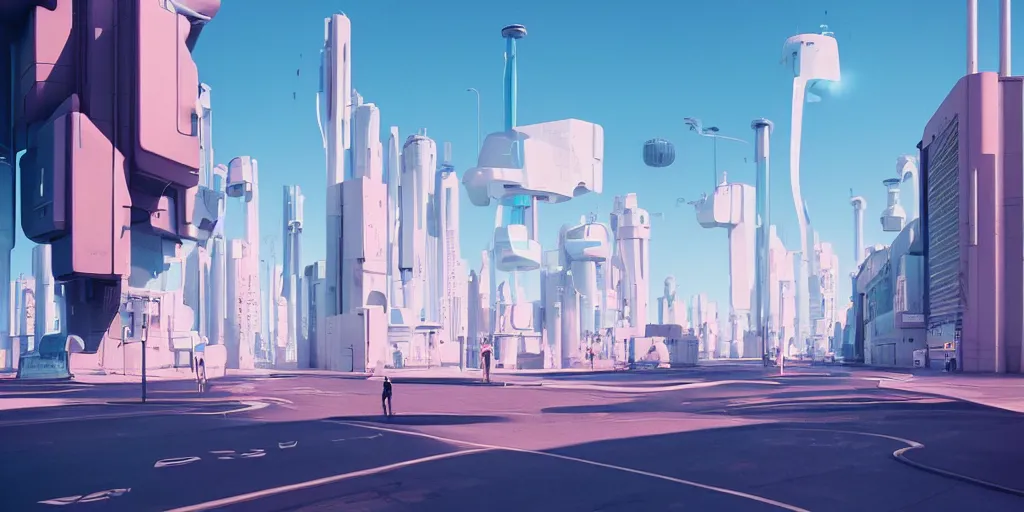 Prompt: a futuristic street scene on a sunny day by beeple