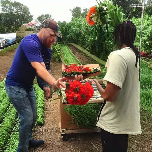 Prompt: the vegetables have their hands full of flowers with mikey serving water and giving away slices of watermelon