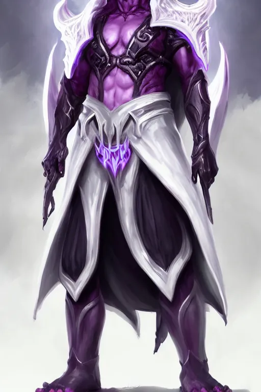 Image similar to human male demon, full body white purple cloak, hero, heavy scale armor, character concept art, costume design, black eyes, white horns, trending on artstation, Artgerm , WLOP