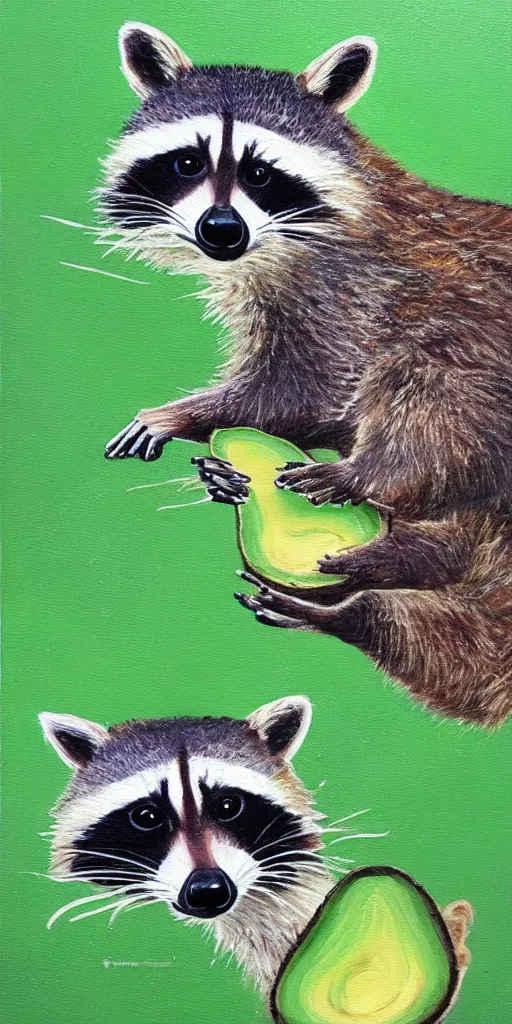 Prompt: painting raccoon in field of avocado,