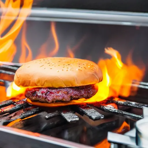 Prompt: A burning burger on the stove