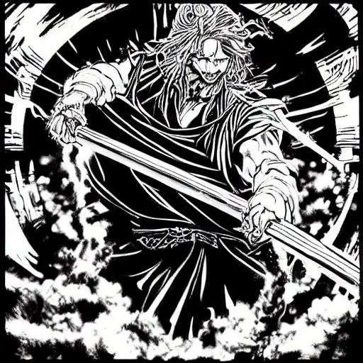 Prompt: black and white pen and ink!!!! rugged royal! nordic goetic Raiden x Frank Zappa golden!!!! Vagabond!!!! floating magic swordsman!!!! glides through a beautiful!!!!!!! black hole battlefield dramatic esoteric!!!!!! pen and ink!!!!! illustrated in high detail!!!!!!!! by Junji Ito and Hiroya Oku!!!!!!!!! graphic novel published on 2049 award winning!!!! full body portrait!!!!! action exposition manga panel black and white Shonen Jump issue by David Lynch eraserhead and Frank Miller beautiful line art Hirohiko Araki