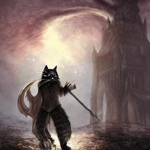Prompt: cat in the style of dark souls Video game, fantasy art