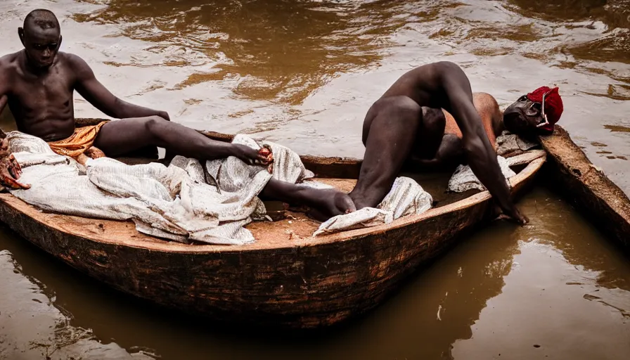 Image similar to movie still by djibril diop mambety of a man in a barque made of flesh on a blood river, leica sl 2, heavy grain, high quality, high detail, color