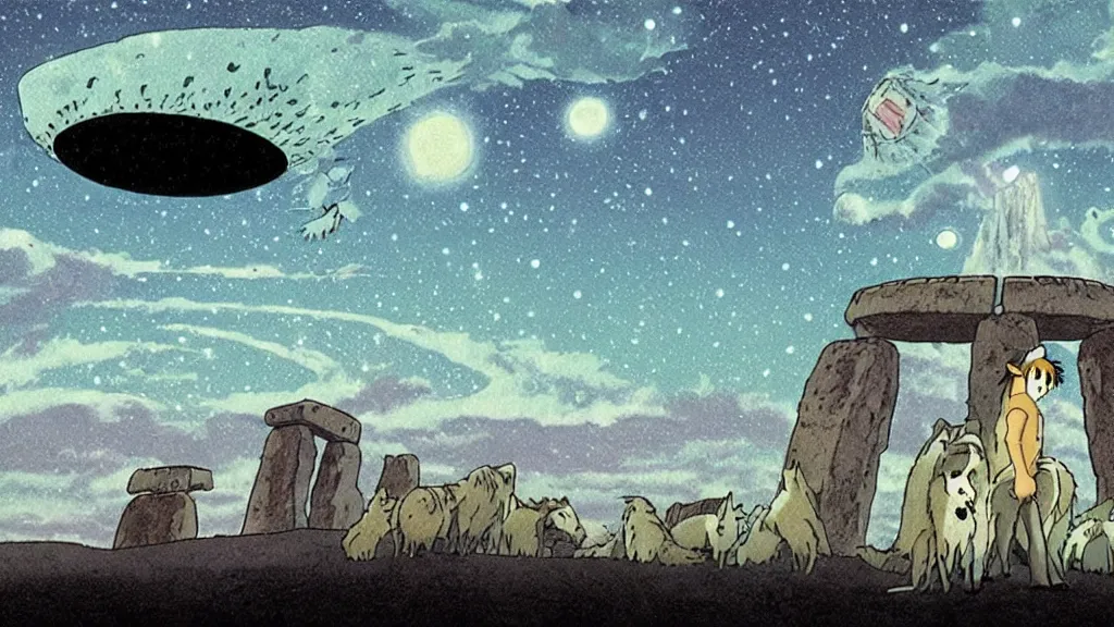 Image similar to a cell - shaded cartoon from princess mononoke ( 1 9 9 7 ) showing a huge ufo over stonehenge. in the background is machu pichu on a misty and starry night. very dull muted colors, hd, 4 k, hq