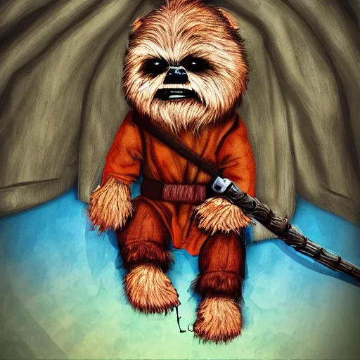 Image similar to ewok watching a movie from his bed, digital art, colourful