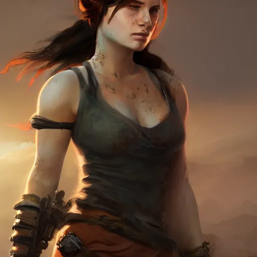 Prompt: fantasy portrait, young woman, auburn hair, full face, athletic, slavic features, tomb raider, desert background, in the style of ruan jia, high detail, uplit, 8 k