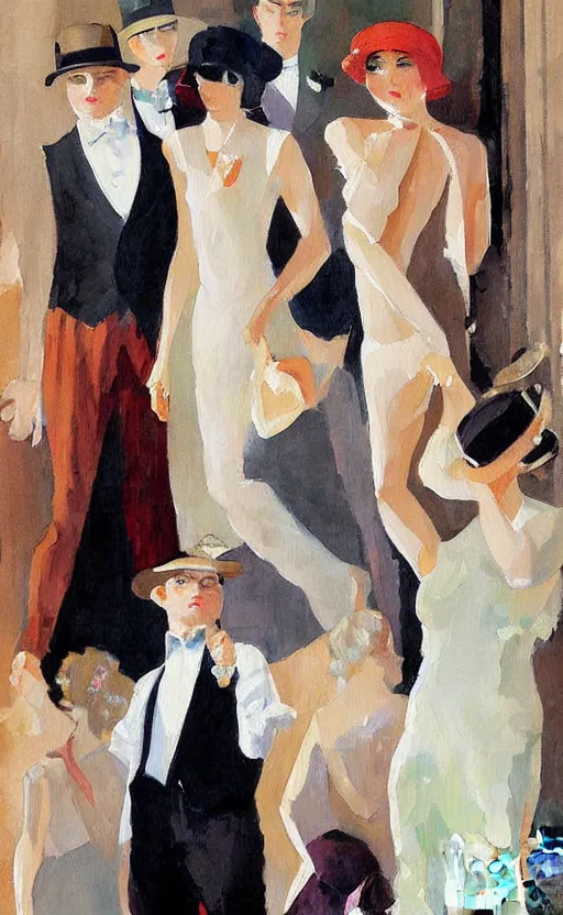 Image similar to A painting of Jazz Age high society, Fitzgerald, people dressed 1920's style, The Great Gatsby, smooth, by Sherree Valentine Daines