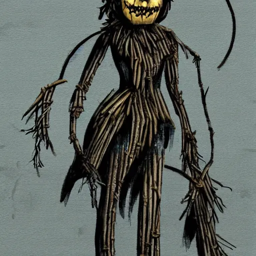 Image similar to concept art of a scary female scarecrow made of twigs metal bars and old clothes