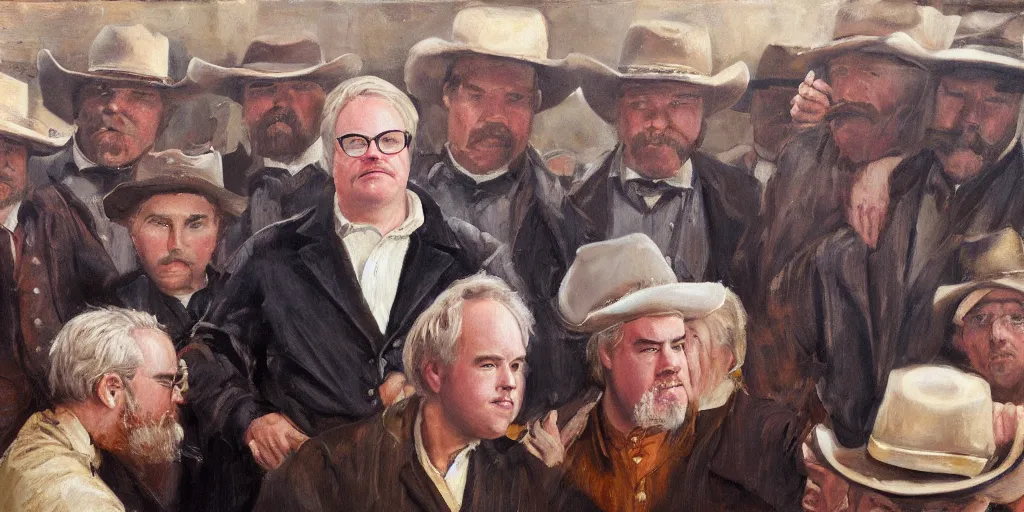 Prompt: oil painting of Phillip Seymour Hoffman as an old west banker surrounded by people in a busy old west town