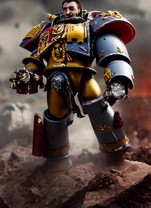 Image similar to Barry Chuckle as a Warhammer 40K Space Marine, movie still, cinematic lighting, dramatic, octane render, long lens, shallow depth of field, 8k, hyper detailed, 35mm film grain