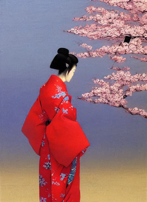 Image similar to Painting of a Japanese woman in the style of Jean-Léon Gérôme, kimono, cherry blossoms