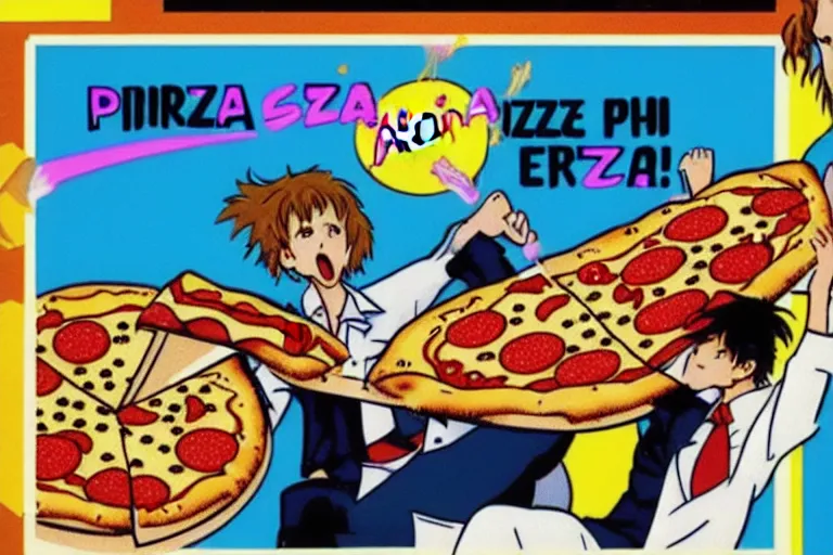 Prompt: pizza, 80s, advertisement, anime, explosion!!!!!!