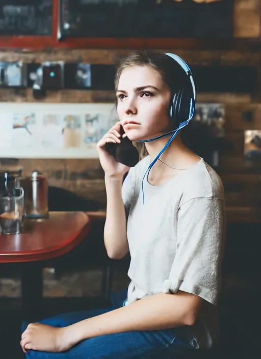 Image similar to young adult woman in a coffee shop wearing headphones looking bored, natural light, magazine photo, 5 0 mm lens