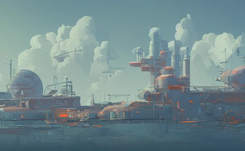 Prompt: ship building factory in clouds, moebius, james gilleard, print, game art