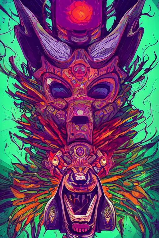 Image similar to totem animal tribal chaman vodoo mask feather gemstone plant wood rock video game illustration vivid color borderlands by josan gonzales and dan mumford radiating a glowing aura