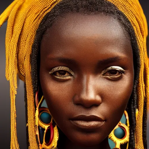 Image similar to vintage portrait of a stunningly beautiful west african tribal female, depth of field, zeiss lens, detailed, symmetrical, centered, fashion photoshoot, by edward s curtis, Annie Leibovitz and Steve McCurry, David Lazar, Jimmy Nelsson, Breathtaking, 8k resolution, extremely detailed, beautiful, establishing shot, artistic, hyperrealistic, beautiful face, octane render