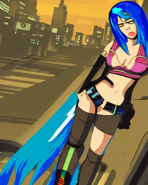 Image similar to cel shaded art of a pretty blue haired girl, jet grind radio graphics, cyberpunk city street background