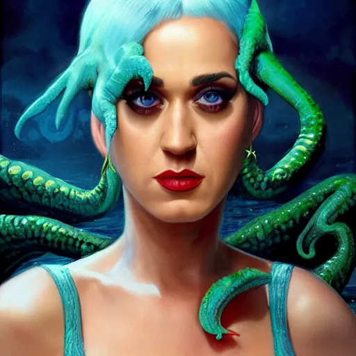 Prompt: Katy Perry as Cthulhu, closeup character art by Donato Giancola, Craig Mullins, digital art, trending on artstation