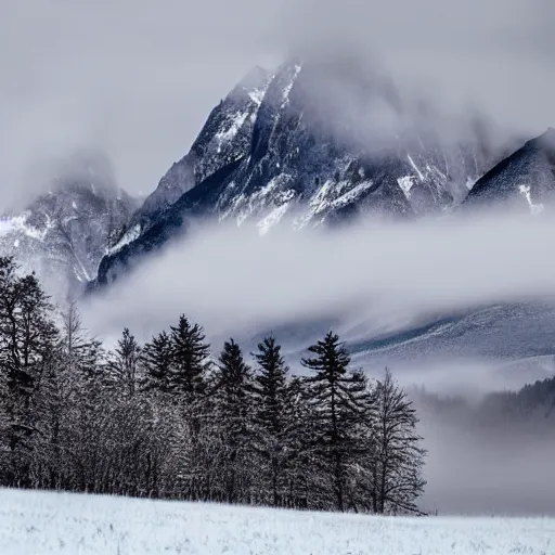 Image similar to a giant monster taller than the surrounding snow capped mountains emerging from the mist, award winning photography