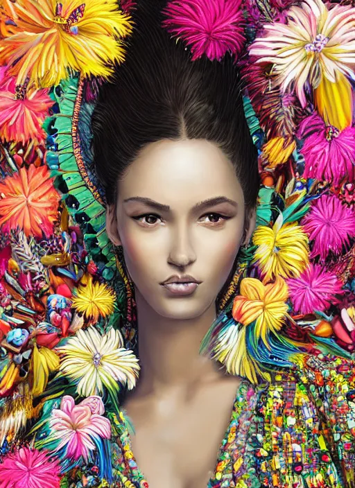 Image similar to beautiful portrait of a super model wearing fantastic dress,embellished beaded feather decorative fringe knots ,colorful pigtail,subtropical flowers and plants,perfect symmetrica body shape,symmetrical face,intricate,elegant,highly detailed,8k,post-processing,digital painting,trending on pinterest,harper's bazaar,concept art, sharp focus, illustration, by artgerm,Tom Bagshaw,Lawrence Alma-Tadema,greg rutkowski,Alphonse Mucha,golden ratio