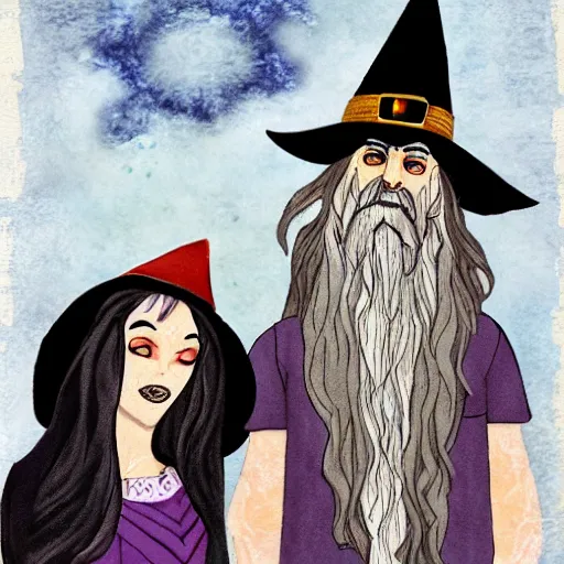 Prompt: a wizard and a witch, in the style of steven rhodes