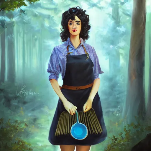 Prompt: a portrait of a 1 9 6 0 s woman with curly black hair and blue eyes, and an apron in the forest, dynamic lighting, fantasy concept art, trending on art station, stunning visuals, cinematic, ultra detailed