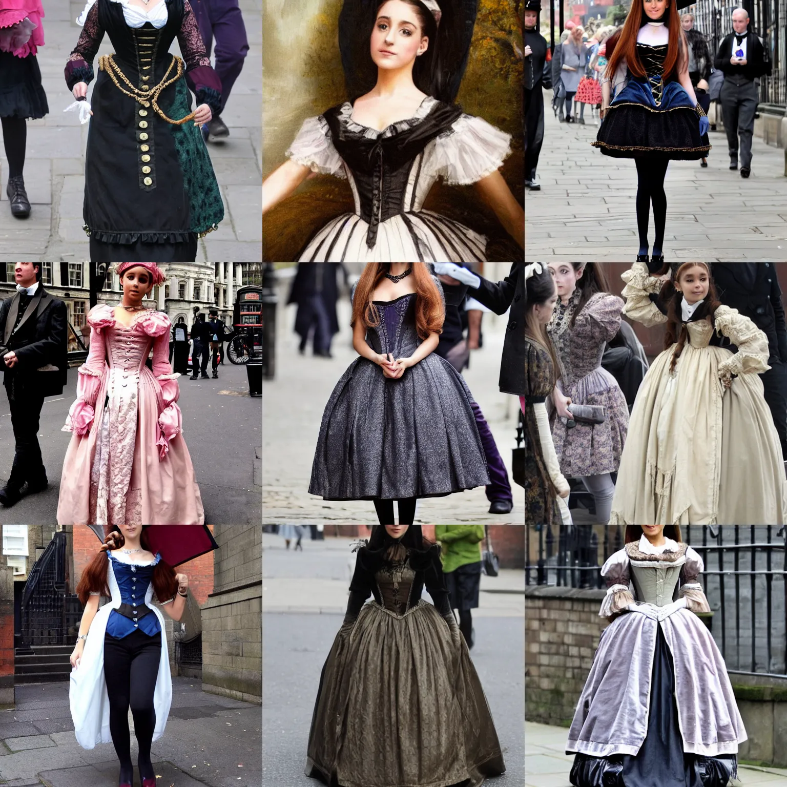 Prompt: Ariana Grande Victorian Era clothing, walking through the streets of London