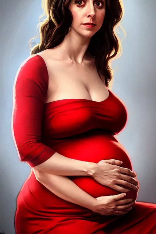 Prompt: pregnant alison brie in a red dress, realistic portrait, symmetrical, highly detailed, digital painting, artstation, concept art, smooth, sharp focus, illustration, cinematic lighting, art by artgerm and greg rutkowski and alphonse mucha