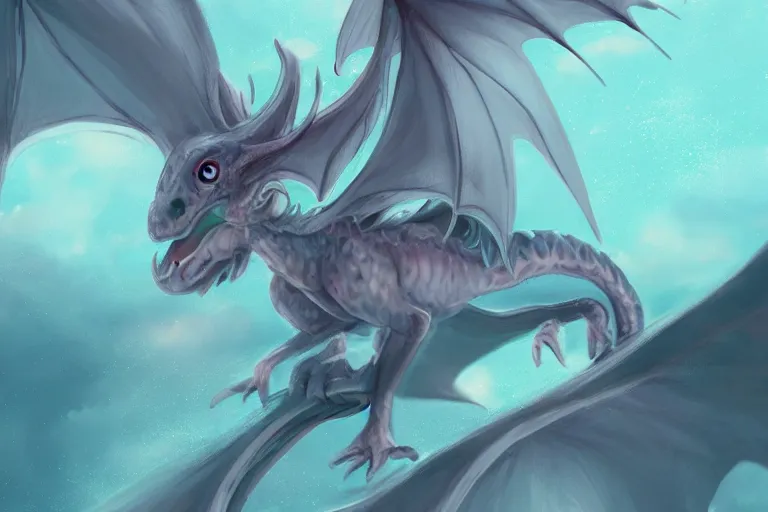 Image similar to full body digital illustration of a tiny baby dragon with iridescent wings, pastel color scheme, concept art, matte background, deviantArt, artstation, artstation HQ, HD, 4k resolution